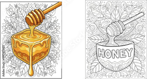 Honey dipper pouring golden liquid into a decorative cube-shaped container, surrounded by floral patterns