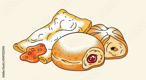 A whimsical, hand-drawn illustration of three sweet pastries dusted with powdered sugar