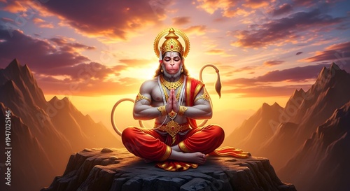 Divine Hanuman Meditating at Sunset in Majestic Mountain Landscape