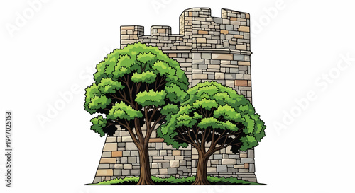 Ancient stone tower with lush green trees in front, isolated on white