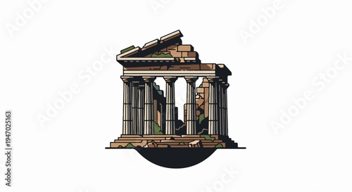 Ancient, weathered temple ruins stand with crumbling pillars and mossy stone
