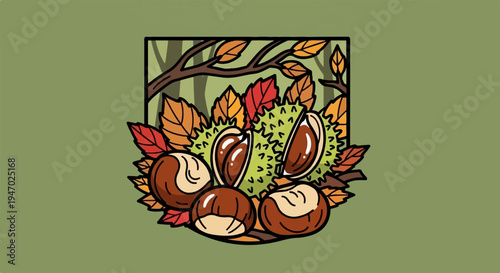 A whimsical illustration of opened and closed chestnuts surrounded by vibrant autumn leaves and branches