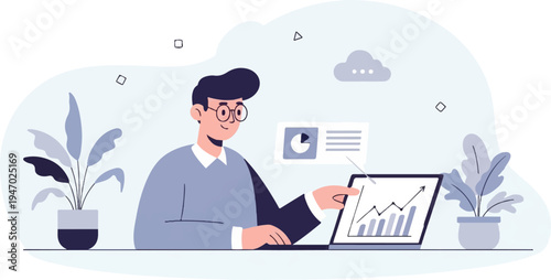 Digital analyst reviews data charts on laptop with plants and cloud graphic