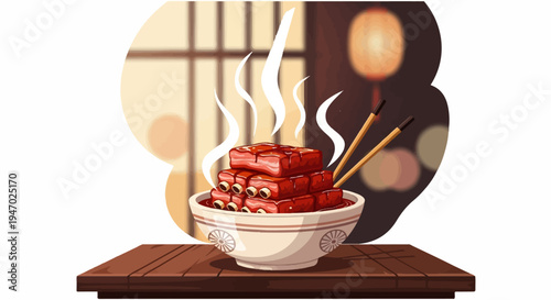 Hot, steaming ribs in a bowl with chopsticks on a wooden table, in a dimly lit setting