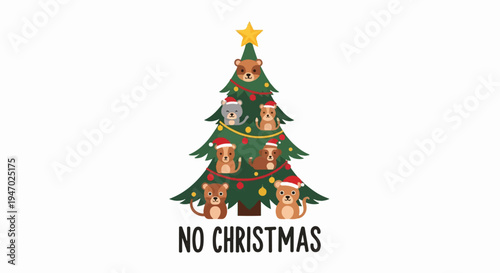 Festive tree with cute animal characters and bold text