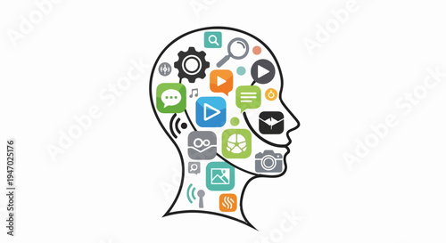 Human head outline filled with colorful icons representing digital content and services