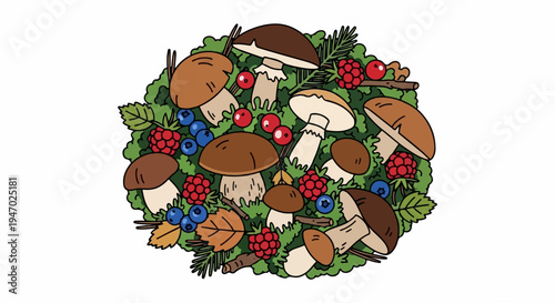 A whimsical illustration of forest bounty, featuring plump mushrooms, ripe berries, and autumn leaves