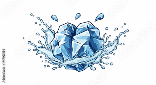 Ice cubes splash, creating dynamic water droplets and waves