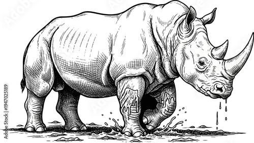 Detailed ink drawing of a rhinoceros walking through water with splashing droplets