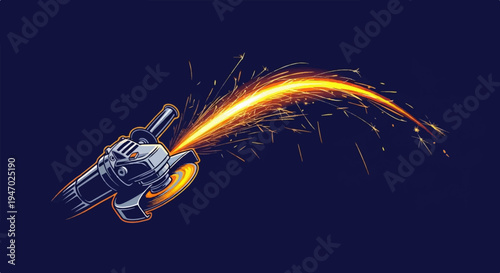 Angle grinder creating a bright, energetic shower of sparks against a dark blue background