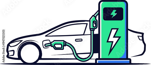 A white car is charging at a green electric station with lightning symbols