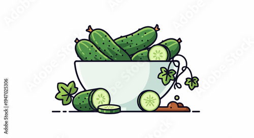 A white bowl overflows with ripe green cucumbers, some sliced, with leaves and tendrils