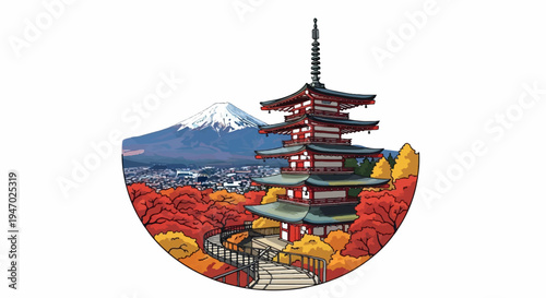 Iconic pagoda and mountain scene with vibrant autumn foliage