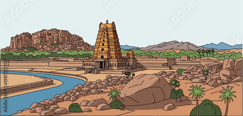 Ornate ancient Indian temple complex nestled amidst rocky hills beside a blue river