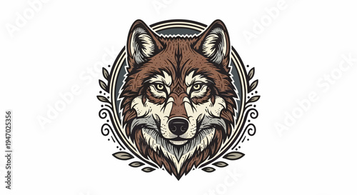 Fierce wolf portrait with tribal circular border and leafy accents