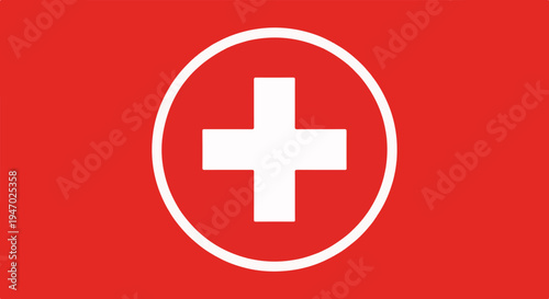 A white cross within a white circle on a solid red background