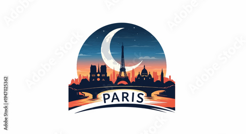 Iconic Paris skyline at dusk with crescent moon over Eiffel Tower and river