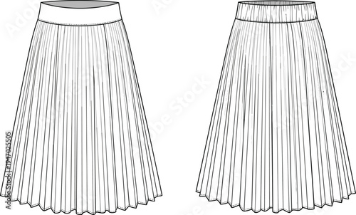 Women’s pleated midi skirt technical flat sketch with front and back view, elegant fashion apparel template garment vector line drawing
