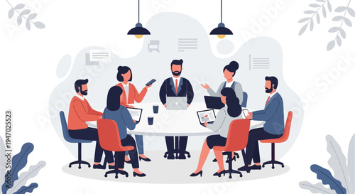 Diverse business professionals gather around a table for a meeting, engaging in discussion and using technology