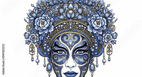 Ornate blue and gold pixelated mask with floral headpiece and dangling jewels