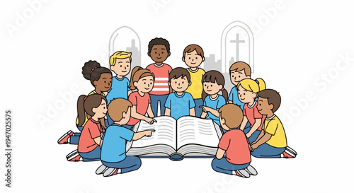 Diverse children gather around an open book, engaged in learning with subtle church imagery