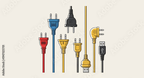 Diverse electrical plugs and a USB connector rendered in a flat, line-art style on a neutral background