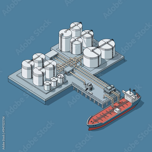 Isometric illustration of an oil refinery with storage tanks and a tanker ship docked at the pier.