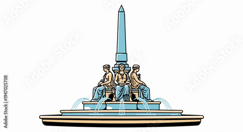 Ornate classical fountain with three seated figures and a tall obelisk, water cascading