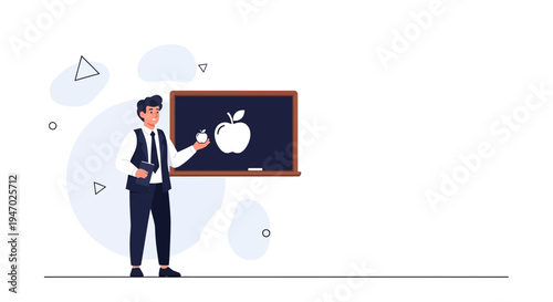 Teacher with Apple Icon on Blackboard, Education Concept