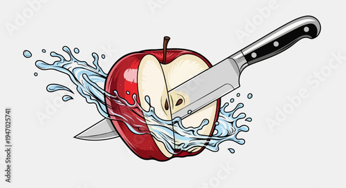 Sharp knife slicing a juicy red apple, creating a refreshing water splash