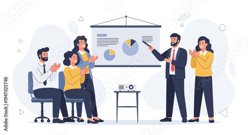 Business meeting with presentation and applause, teamwork and success concept