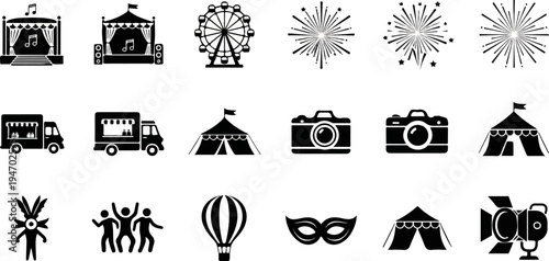 Diverse event icons stages, food trucks, tents, cameras, Ferris wheel, fireworks, hot air balloon, mask, figures