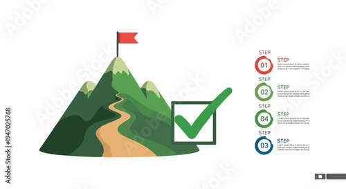 Illustration of mountain climb with path, flag, checkmark, and numbered steps