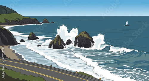 Pixel art coastal scene with crashing waves, rocky outcrops, and a distant whale