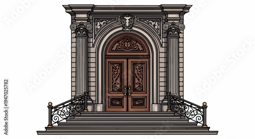 Ornate entrance with double doors, grand staircase, and decorative columns
