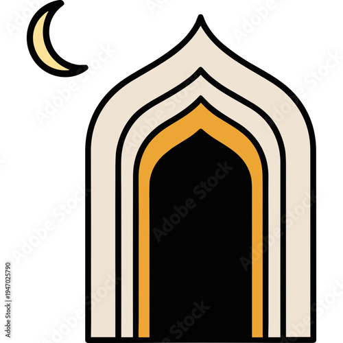 Illustration depicts a crescent moon shining over a mosque's arched doorway at night.