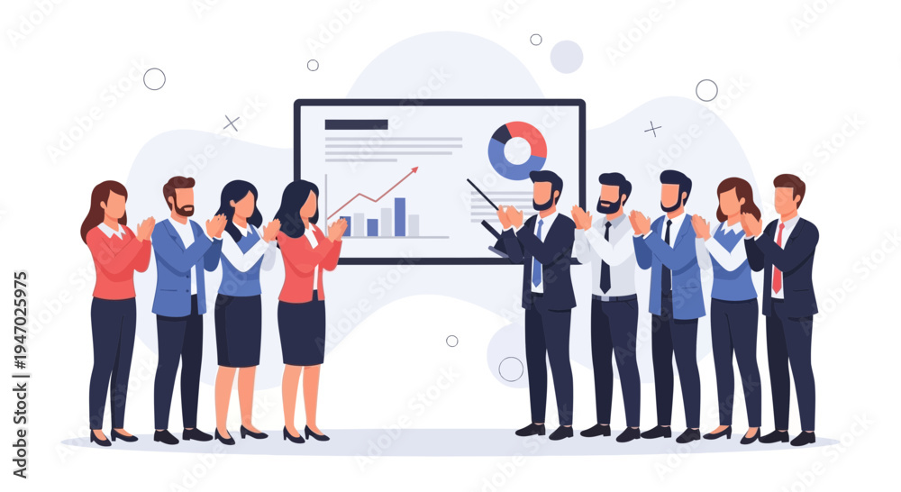 Obraz premium Business team applauding during a presentation with charts on a whiteboard.