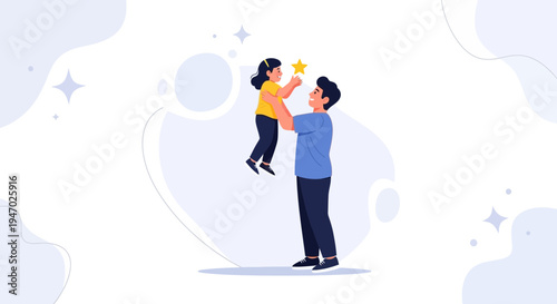 Father holding daughter reaching for star, fatherhood, childhood dreams, family love, illustration