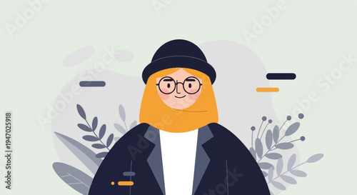 Flat illustration of a person with orange hair, glasses, and a beanie, set against a backdrop of abstract shapes and leaves