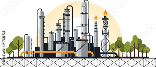 Industrial complex with towers, tanks, pipes, and trees under a glowing arc