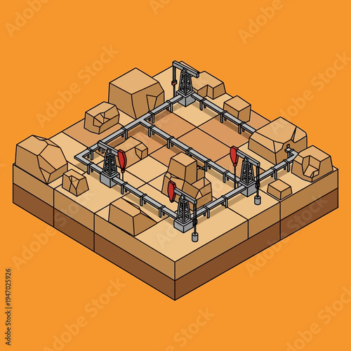 Isometric illustration of an oil field with pumping units and pipelines on a desert landscape.