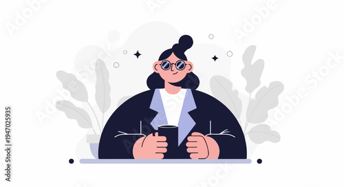 Flat illustration of a woman in a suit holding a mug, seated at a desk