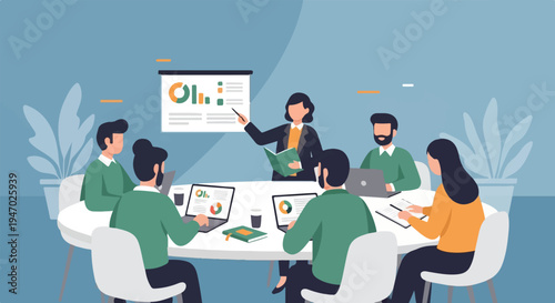 Diverse group in a bright meeting room, presenting data and collaborating on laptops around a table