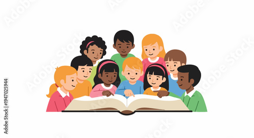 Diverse group of children gathered around an open book, pointing and smiling
