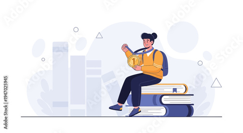 Student celebrating academic achievement with a medal sitting on books