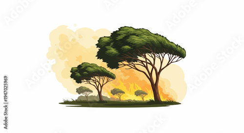 Flat illustration of trees threatened by a large wildfire
