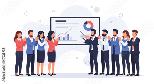 Business team applauding during a presentation with charts on a whiteboard.