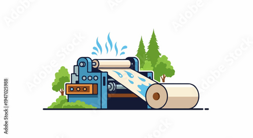 Industrial machinery processes material, emitting steam, surrounded by greenery