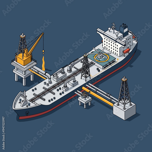 Isometric illustration of an oil tanker ship connected to offshore oil platforms.