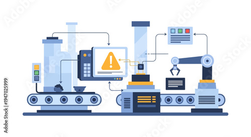 Automated Factory Production Line with Robotic Arm and Error Alert System - Industrial Automation & Smart Manufacturing Process